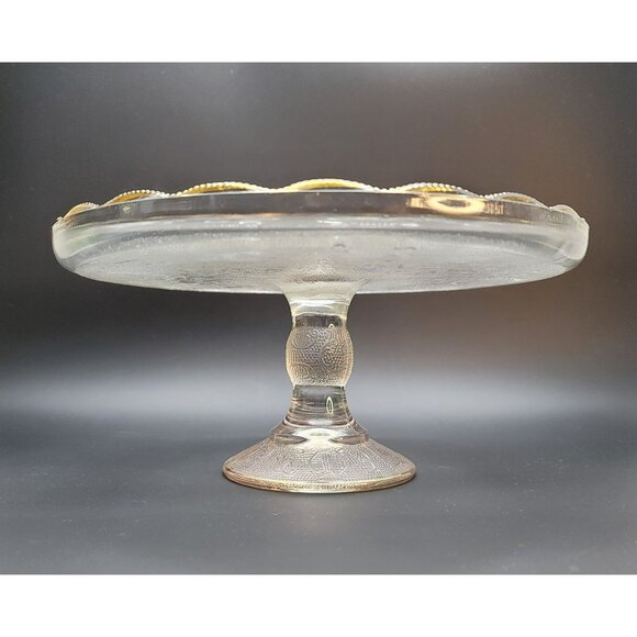 Vintage Glass Cake Plate Jeanette Harp Design Gold Edged Scalloped Dish DD03 - Picture 2 of 7